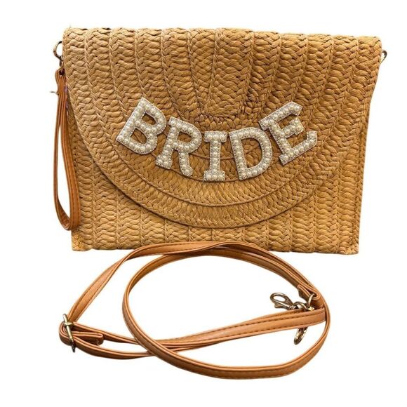 Bride Straw Shoulder Bag/Clutch with Rhinestone Pearl Accents Beige - Picture 2 of 7